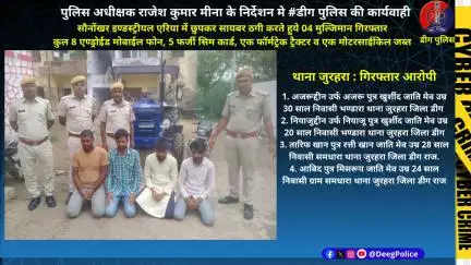सौनोंखर इण्डस्ट्रीयल एरिया में छुपकर सायबर ठगी करते हुये 4 मुलजिम गिरफ्तार
 8 मोबाईल,1 ट्रैक्टर व १ बाईक जब्त