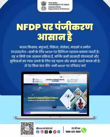 मत्स्य किसानों के लिए खुशखबरी! अब NFDP पर रजिस्ट्रेशन बन गया और भी आसान। सरकारी योजनाओं और सुविधाओं का लाभ उठाने के लिए आज ही डिजिटल पहचान बनाएं।
www.nfdp.dof.gov.in पर जाएं
किसी भी सहायता के लिए टोल फ्री नंबर 1800-425-1660