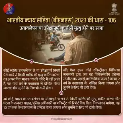 B.N.S. 2023 की धारा 106 – उपेक्षा अथवा उतावलेपन द्वारा मृत्यु कारित करने पर सजा के प्रावधान।

कोई व्यक्ति यदि लापरवाही या उतावलेपन से किसी की मृत्यु कर दे, तो 5 वर्ष तक की जेल और जुर्माना हो सकती है।
#RajasthanPolice