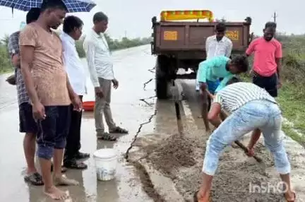 वरोरा: खातोडा ते सालोरी काँक्रीट रस्त्यावरील भेगा माजी जि. प.बांधकाम सभापती यांनी बुजविल्या