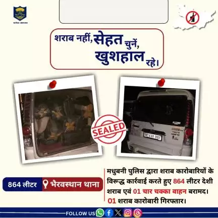 864 लीटर देशी शराब एवं 01 चार चक्का वाहन के साथ 01 शराब कारोबारी को भैरवस्थान थाना क्षेत्र से गिरफ्तार किया गया।