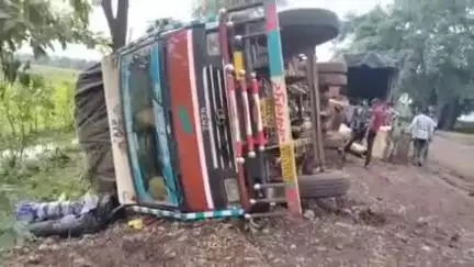 डिंडौरी: धमनगांव के पास अनियंत्रित होकर पलटा ट्रक, चालक और परिचालक बाल-बाल बचे