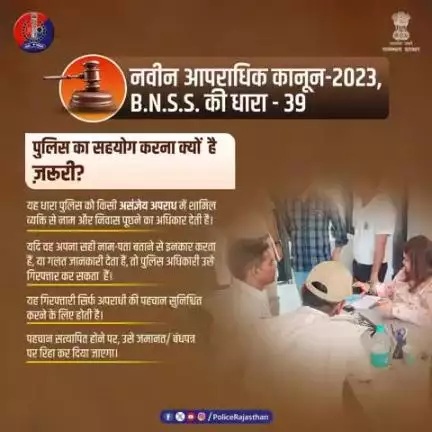 सार्वजनिक व्यवस्था बनाए रखने में पुलिस का सहयोग करें।
असंज्ञेय अपराध होने की स्थिति में नाम/पता न बताना बीएनएसएस-2023 की धारा - 39 के अंतर्गत गिरफ्तारी का कारण बन सकती है।
सजग नागरिक बनें, पुलिस को सहयोग करें और कानून का सम्मान करें।
