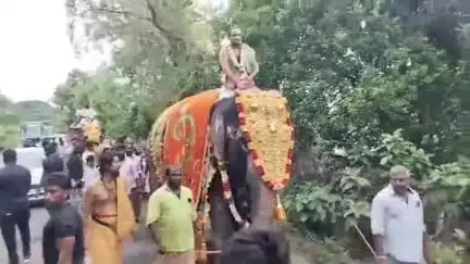 மயிலாடுதுறை: வழுவூர் தாருகா வனத்தில் 54 அடி உயரத்தில் புதிதாக சிவாலய கும்பாபிஷேகத்தை முன்னிட்டு யானை மீது புனித நீர் ஊர்வலமாக எடுத்துவரப்பட்டது