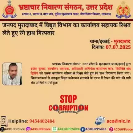 भ्रष्टाचार के विरुद्ध जीरो टालरेंसः-भ्रष्टाचार निवारण संगठन, उ0प्र0 के मुरादाबाद थाना/इकाई द्वारा विद्युत विभाग के कार्यालय सहायक को ₹10,000/- की रिश्वत लेते हुए रंगे हाथ गिरफ्तार किया गया।