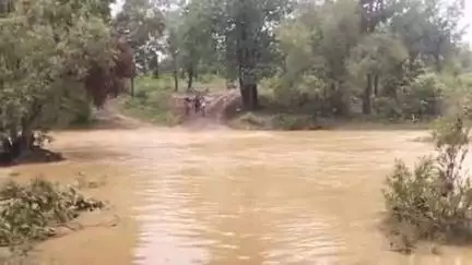 सूरजपुर के चादनीबिहारपुर क्षेत्र में झमाझम बारिश से नदी-नाले उफान पर, ग्रामीण बाइक लेकर जान जोखिम डालकर पार कर रहे हैं