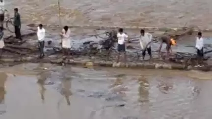 सिहोरा: उफान पर हिरन नदी, लोग जान जोखिम में डालकर निकाल रहे हैं लकड़ी