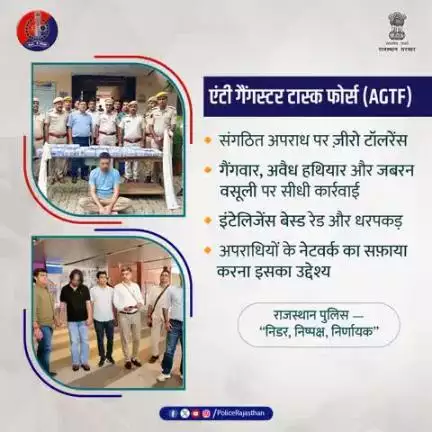 एजीटीएफ — अपराध के ख़िलाफ़ राजस्थान पुलिस की विशेष टास्क फोर्स।

संगठित अपराध, गैंगस्टर, माफिया व तस्करी पर कस रही है शिकंजा।