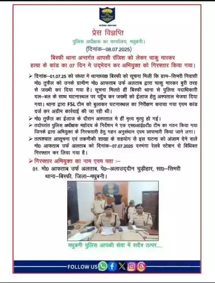 बिस्फी थाना अन्तर्गत आपसी रंजिश को लेकर चाकु मारकर हत्या के कांड का 07 दिन में उद्भेदन कर गिरफ्तार किया गया।