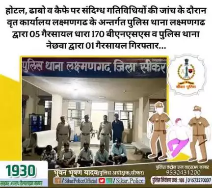 #सीकर
🔸होटल, ढाबो व कैफे पर संदिग्ध गतिविधियों की जांच के दौरान वृत कार्यालय लक्ष्मणगढ के अन्तर्गत पुलिस थाना लक्ष्मणगढ द्वारा 05 गैरसायल धारा 170 बीएनएसएस व पुलिस थाना नेछवा द्वारा 01 गैरसायल गिरफ्तार...
#TeamSikarPolice