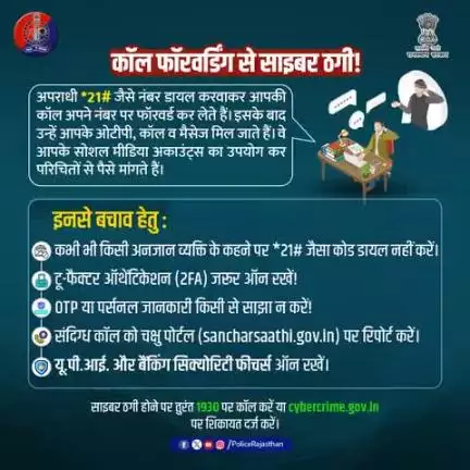 साइबर ठगी का नया तरीका...कॉल फॉरवर्डिंग।

आपसे *21# डायल करवाकर आपकी जानकारियां अपने फोन पर ट्रांसफर करवाते है।

इससे आपके सोशल मीडिया अकाउंट या बैंक अकाउंट से पैसे नि