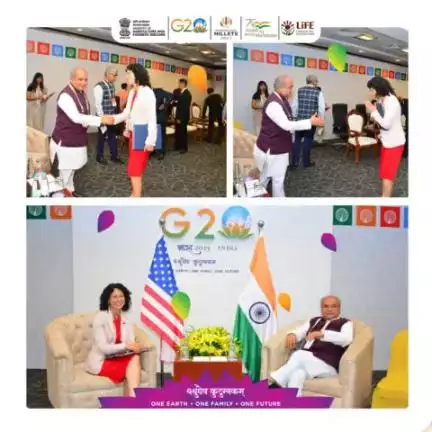 A bilateral meeting between Shri #nstomar, Hon'ble Minister for A&FW, GoI and H.E. Ms. Xochitl Torres Small, Under Secretary of #Agriculture for #Rural #Development of USA 🇺🇸 was held on 16.06.2023 on the sidelines of G20 Agriculture