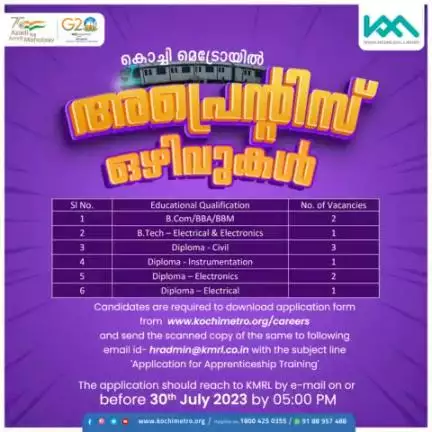 Kochi Metro Rail Limited invites application for apprenticeship.

#kochi
#kochimetro
#metro