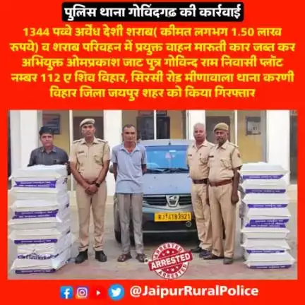 #Jaipur_Rural: पुलिस थाना गोविंदगढ़ ने डेढ़ लाख रुपए कीमत की शराब जब्त कर एक अभियुक्त को किया गिरफ्तार