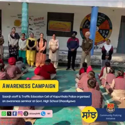 #Saanjh staff & Traffic Education Cell of Kapurthala Police organised an awareness seminar at Govt. High School Dhoodiyawa, where students were informed about the harmful effects of drugs, traffic rules,#Saanjh services, helpline numbers