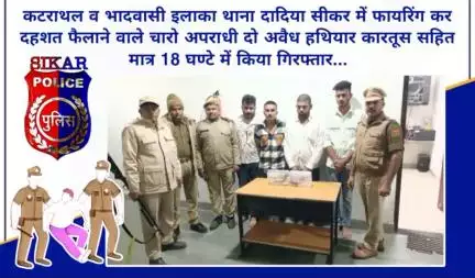 #सीकर  
🔸कटराथल व भादवासी इलाका थाना दादिया सीकर में फायरिंग कर दहशत फैलाने वाले चारो अपराधी दो अवैध हथियार कारतूस सहित मात्र 18 घण्टे में किया गिरफ्तार...
#थाना_कोतवाली_फतेहपुर 
#teamsikarpolice