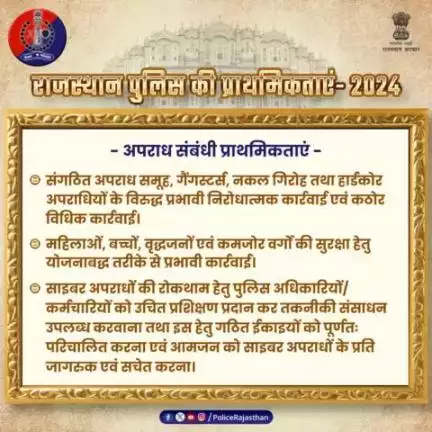 #राजस्थान_पुलिस है अपराध रोकने के लिए प्रतिबद्ध।खाकी ने नववर्ष 2024 के लिए तय की है प्राथमिकताएं। संगठित अपराध और नकल गिरोह पर कसी जाएगी नकेल, होगी कड़ी कार्रवाई।
#RajasthanPolice 
#NewYear2024