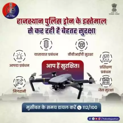 #राजस्थान_पुलिस नई तकनीक के साथ कर रही है अपराधियों पर निगरानी।#Drones हैं हमारी सुरक्षा के नए साथी। सभी जिलों के पुलिस बल को प्रशिक्षित किया जा चुका हैं।