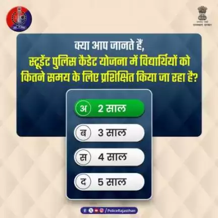 #Poll में भाग लेने वाले जागरूक प्रदेशवासियों का आभार।

सही जवाब है,
अ. 2 साल

स्टूडेंट पुलिस कैडेट योजना के तहत कक्षा 8 व 9 के विद्यार्थियों को