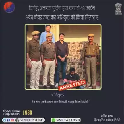 सिरोही, अनादरा पुलिस द्वारा कार से 48 कार्टन अवैध बीयर जब्त कर अभियुक्त को किया गिरफ्तार ।