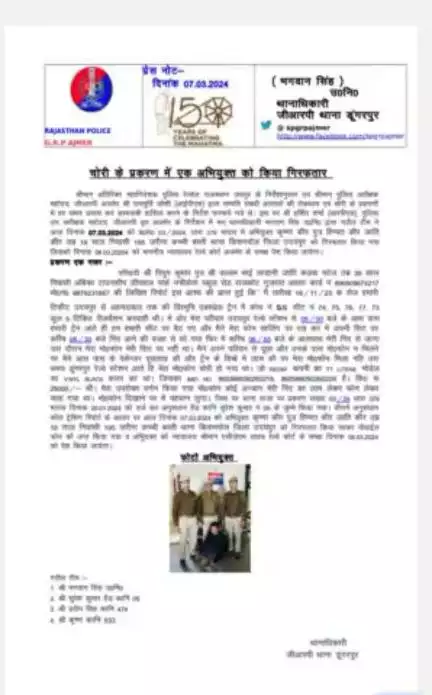 जीआरपी थाना डूंगरपुर द्वारा चोरी के प्रकरण में एक अभियुक्त को किया गिरफ्तार।